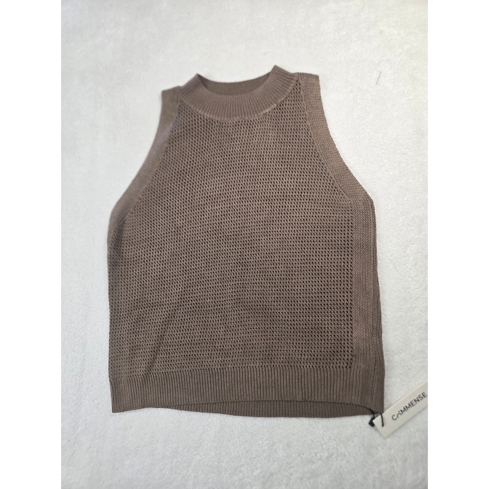 Commense Brown High Neck Open Knit Mesh Sleeveless Tank Top Sweater NEW Medium